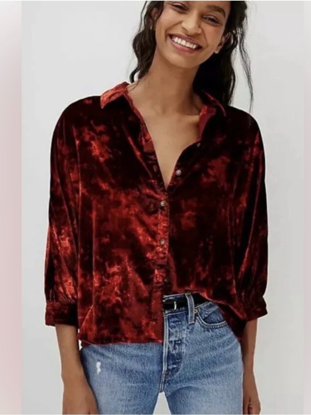 Anthropologie Pilcro Orsay Velvet Button Down Shirt in Red Motif Size Medium